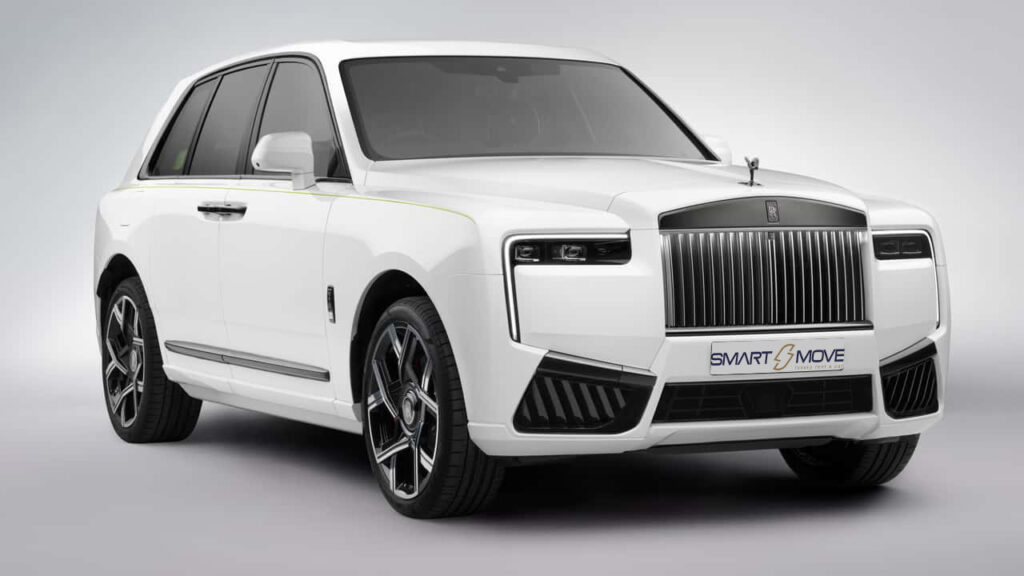 Rolls Royce Cullinan 2024 in white, luxury SUV with 6.7L twin-turbo V12 engine producing 563 horsepower, premium leather interior, advanced infotainment, and Magic Carpet Ride suspension, available for exclusive rental in Dubai by Smart Move Dubai